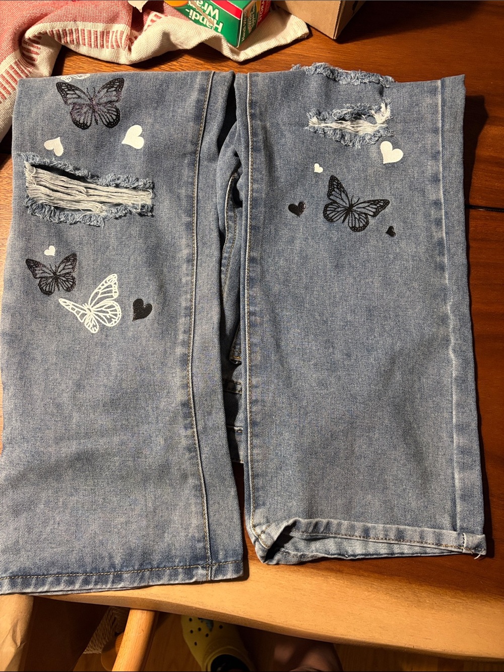 SHEIN Blue Distressed Jeans with Pink & White Butterfly Print - Picture 2 of 4